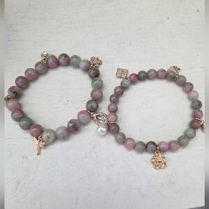 Green And Pink Natural Stone Bracelets, Set of Two
